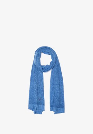 Leichter blauer Schal aus einem weichen, strukturierten Stoff mit einem dezenten Melange-Muster und fransigen Kanten für einen lässigen Look.