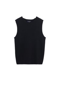 Maglione senza maniche nero in maglia, con scollo tondo, bordi a coste e una texture morbida. Design semplice senza fantasie o dettagli.