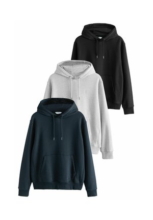 Three hoodies in navy, grey, and black. Each features a front pocket, drawstring hood, ribbed cuffs, and a relaxed fit. Made from soft fabric.