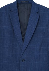 Blazer blu scuro con motivo a quadri, con revers a lancia, chiusura con un solo bottone e fodera interna liscia. Realizzato in tessuto testurizzato.