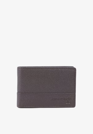 Dunkelbraune Lederbrieftasche mit strukturiertem Finish, ausgestattet mit einer glatten Kante und geprägtem Branding in der unteren rechten Ecke.