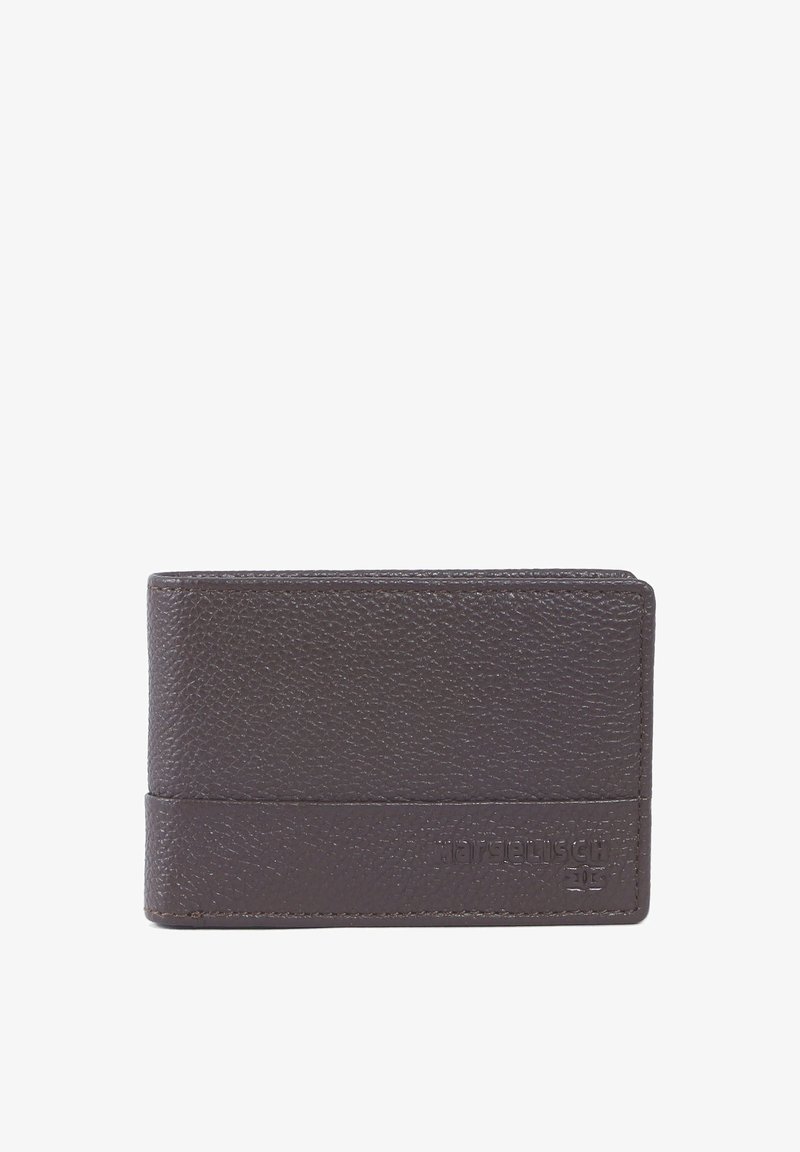 Donkerbruin leren portemonnee met een gestructureerd oppervlak, voorzien van een gladde rand en een bedrukt merklogo in de rechterbenedenhoek.