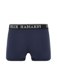 Boxer shorts bleu marine avec une coupe ajustée, ornés d'une ceinture noire avec "FELIX HARDY" en lettres blanches. Tissu lisse.
