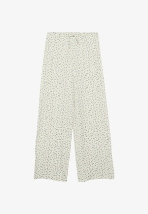 Lichtbeige wijde broek met klein roze en paarse bloemenpatroon en een taille met trekkoord.