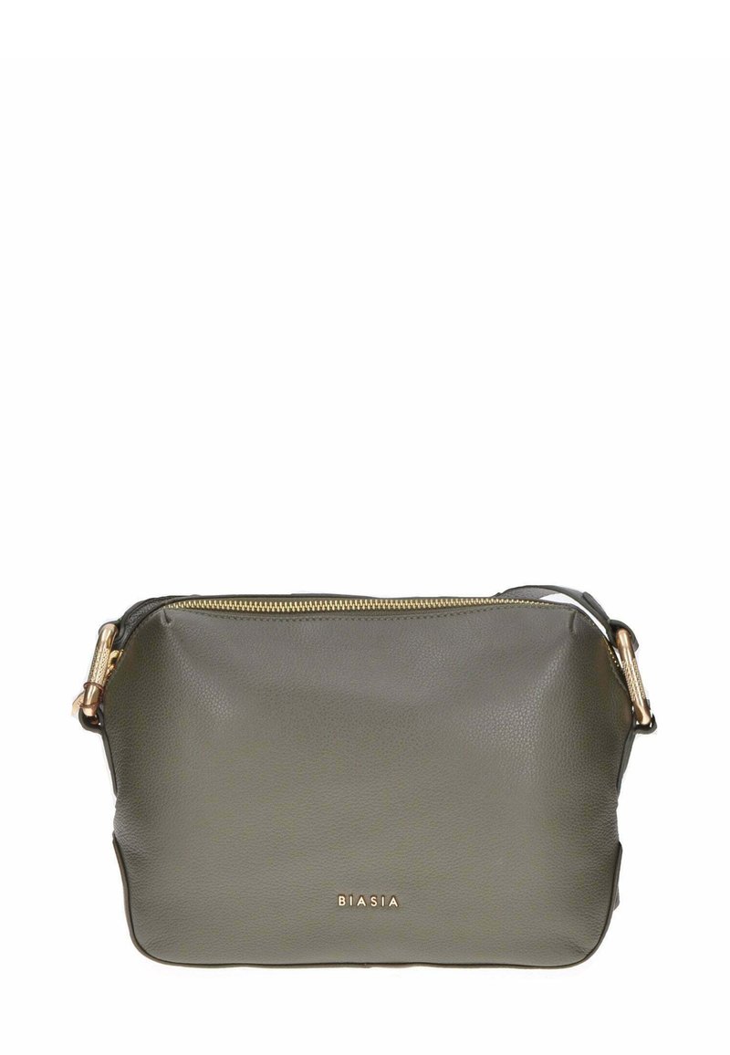 Borsa a tracolla in pelle verde oliva con zipper dorato, logo impresso sul frontale e forma elegante e arrotondata. Texture liscia, design minimale.