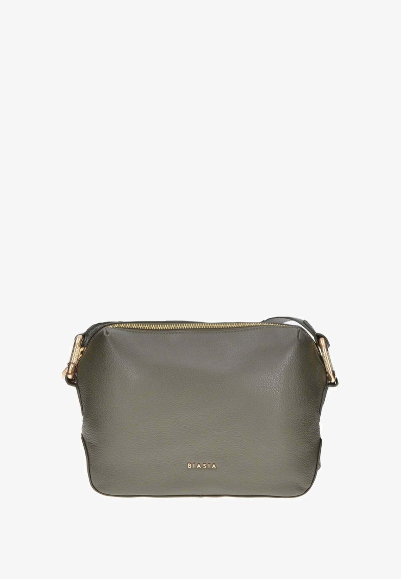Borsa a tracolla in pelle verde oliva con zipper dorato, logo impresso sul frontale e forma elegante e arrotondata. Texture liscia, design minimale.