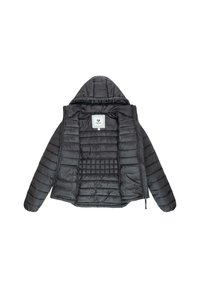 Black quilted hooded jacket with open front showing interior stitching and a label with brand name "ragwear."