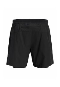 Shorts de sport noirs avec taille élastique, petites perforations près du haut et une poche zippée horizontale à l'arrière.
