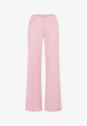 Roze wijde broek van zacht katoenen stof. Voorzien van twee voorzakken, een knoopsluiting en een middelhoge tailleband.