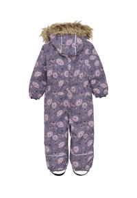 Lilla isoleret vinterdragt prydet med et blomsterprint. Har en faux fur hætte, elastiske manchetter og refleksdetaljer på benene.