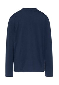 T-shirt à manches longues bleu marine en coton, avec un col rond et une texture unie sans motifs ni éléments visibles.