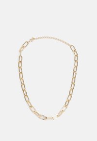 Collana in oro realizzata con link allungati, caratterizzata da una finitura lucida, con chiusura a gancio e catena regolabile per la misura.