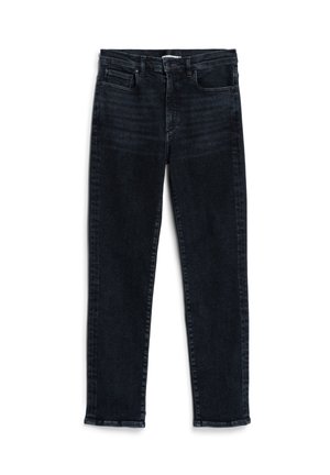 Mörka denimjeans med rak passform, fem fickor, midjehög midja och en slät yta. Minimal blekning, rena linjer och sydda sömmar.