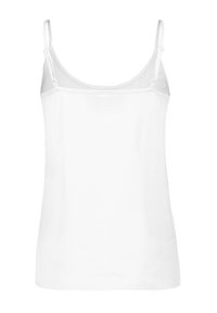 White camisole with adjustable spaghetti straps, made of soft fabric, featuring a simple design and a rounded neckline.