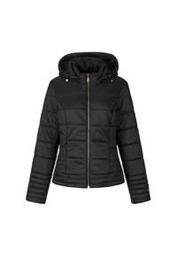 Giacca a vento nera con cappuccio, design trapuntato, chiusura a zip completa, dettagli in metallo dorato e maniche lunghe con polsini a costine.