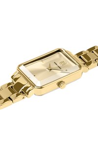 Guldtonet rektangulært ur med en metallisk rem. Har en reflekterende urskive, minimale timemarkører og en rund krone på siden.