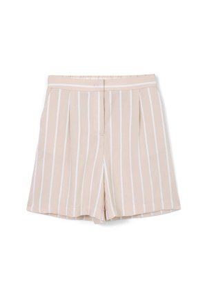 Pantaloni corti beige con strisce verticali bianche, dotati di pieghe frontali, una vita piatta e una texture di tessuto liscia.