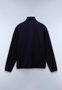 Sudadera azul marino con cuello alto, mangas largas, textura suave y corte relajado. Sin logotipos ni patrones visibles.