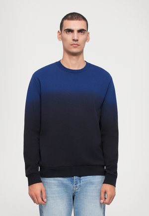 Hanorac bleu marin cu un gradient care se estompează într-o nuanță mai închisă, guler rotund, mâneci lungi, manșete și tiv cu textură ribbată, material neted.