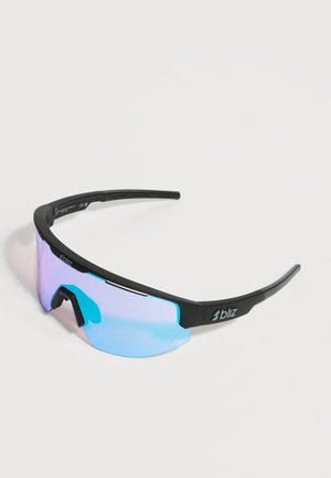 Lunettes de sport à monture noire avec une seule lentille réfléchissante bleu-violet et le logo "bliz" sur la branche, sur fond blanc.