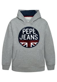 Szara bluza z kapturem, wykonana z miękkiego materiału. Posiada okrągłą granatową naszywkę z napisem "PEPE JEANS" oraz projekt flagi UK w kolorach czerwonym i białym.