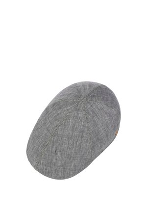 Gray fabric flat cap with stitched panels and a small brown button detail on the side, displayed against a white background.