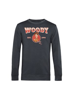Mørkegrå langærmet sweatshirt med teksten "WOODY", tegneserie-cowboyfigur og "EST. 1995" trykt på brystet.