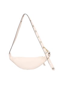 Marsupio bianco in pelle con forma curvada, superficie testurizzata, tracolla regolabile con accenti metallici e chiusura a gancio a scatto.