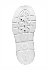 Sola di sneaker bianca con un motivo testurizzato, caratterizzata da disegni di battistrada circolari e rettangolari, fori di ventilazione e dettaglio con il marchio "GEOX".