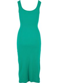 Sukně bodycon v jasně tyrkysové barvě, vyrobená z žebrované tkaniny, s výstižným výstřihem a bez rukávů, končící těsně nad kolenem.