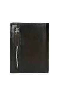 Black leather wallet featuring a vertical zipper pocket, stitched detailing, embossed logo, and a smooth texture. Compact rectangular shape.