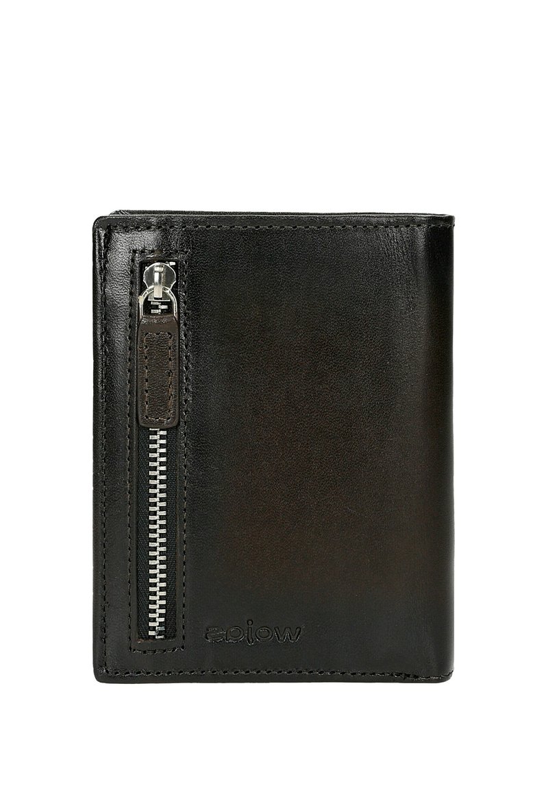 Black leather wallet featuring a vertical zipper pocket, stitched detailing, embossed logo, and a smooth texture. Compact rectangular shape.