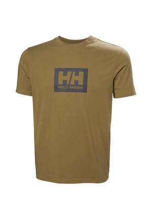 Camiseta de manga corta color verde oliva con cuello redondo y logo oscuro con la inscripción "HH Helly Hansen" centrado en el pecho.