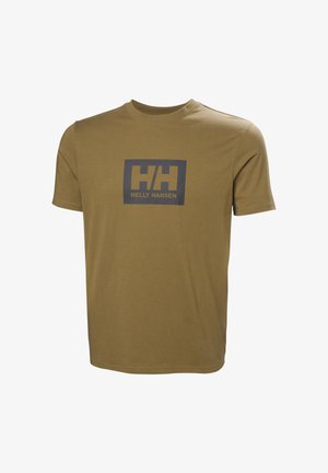 Camiseta de manga corta color verde oliva con cuello redondo y logo oscuro con la inscripción "HH Helly Hansen" centrado en el pecho.