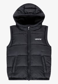 Svart vadderad väst med huva, med en dragkedja fram, två sidofickor och ett quiltat mönster. Levi's logotyp på bröstet.