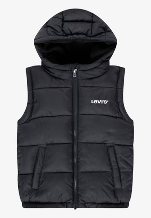 Svart vadderad väst med huva, med en dragkedja fram, två sidofickor och ett quiltat mönster. Levi's logotyp på bröstet.