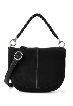 Schwarze Umhängetasche mit geflochtenem Griff, abgerundetem Klappverschluss, silberner Schnalle und zentralem vertikalem weißen Ziernähten auf glattem Material.