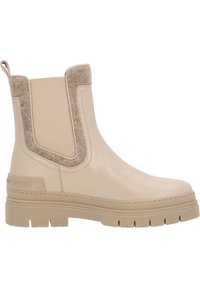 Botas de tobillo beige con upper de cuero, acentos de fieltro, paneles laterales elásticos y suela gruesa de goma con ranuras horizontales para tracción.