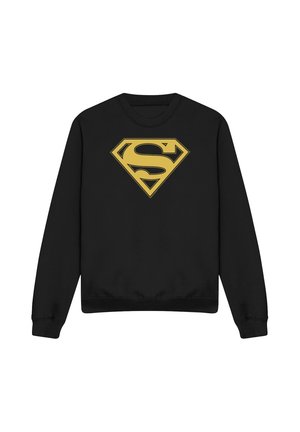 Schwarzer Sweatshirt mit langen Ärmeln und einem großen goldenen Superman-Emblem in der Mitte der Brust.