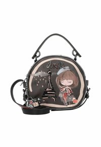 Borsa a mano rotonda in ecopelle nera con skyline artistico di Parigi e figura cartoon. Caratterizzata da una tracolla removibile e charm decorativi.