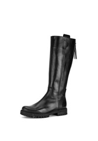 Bota de cuero negro hasta la rodilla con un acabado suave, puntera redonda y suela de goma texturizada. Presenta una cremallera lateral y un detalle de costura mínimo.