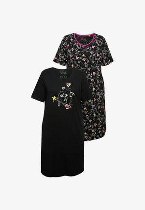 Zwei kurzärmlige Nachthemden: Eines in solidem Schwarz mit buntem Linienstil, das andere schwarz mit abstrakten Mustern in Gelb und Pink.