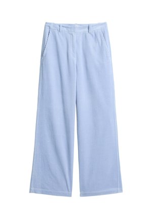 Pantaloni a gamba larga azzurri realizzati in un tessuto morbido e strutturato con un motivo a righe verticali sottili e due tasche laterali.