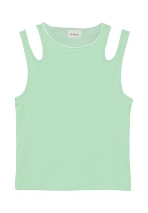 Miętowa, prążkowana, damska bluzka bez rękawów z wyciętymi paskami na ramionach, okrągłym dekoltem i metką marki s.Oliver wewnątrz kołnierzyka.
