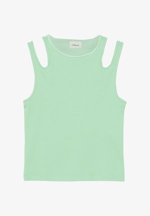 Miętowa, prążkowana, damska bluzka bez rękawów z wyciętymi paskami na ramionach, okrągłym dekoltem i metką marki s.Oliver wewnątrz kołnierzyka.