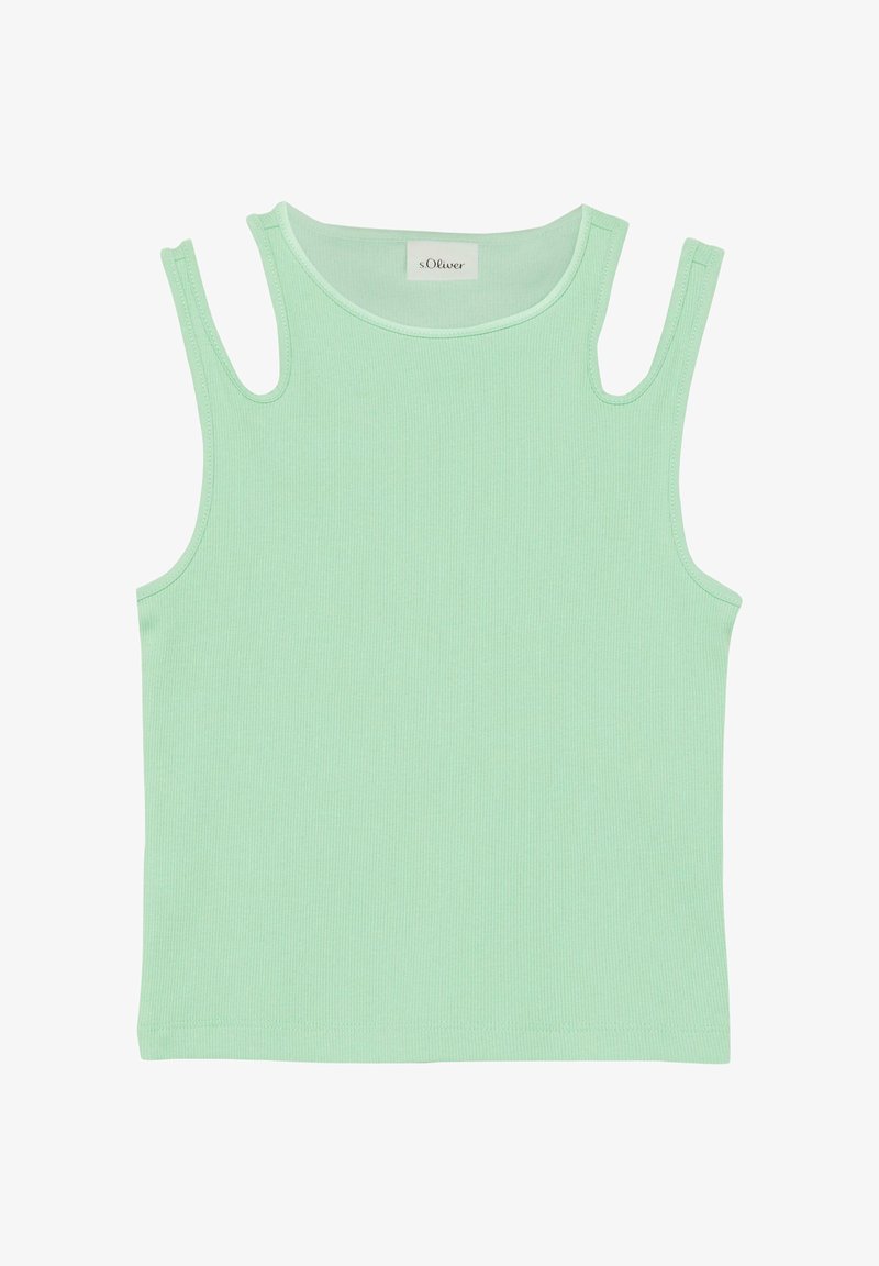 Haut sans manches pour femmes, côtelé, vert menthe, avec bretelles découpées, encolure ronde et étiquette de la marque s.Oliver à l'intérieur du col.
