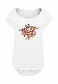 Weißes T-Shirt mit Rundhalsausschnitt, kurzen Ärmeln und einem bunten Grafikdesign eines geflügelten Charakters sowie dem Text "Lil Angel".