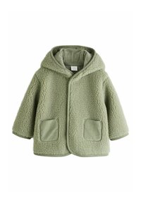 Fuzzy green fleece coat with a hood, featuring a soft texture, two front pockets, and a smooth fabric trim along the edges.
