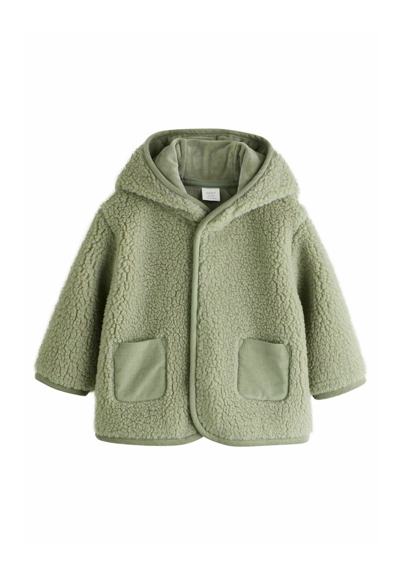 Fuzzy green fleece coat with a hood, featuring a soft texture, two front pockets, and a smooth fabric trim along the edges.