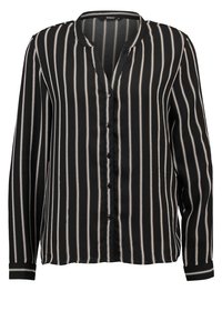 Blouse noire à manches longues avec des rayures verticales blanches, devant boutonné, col avec col, manches avec poignets, en tissu lisse.